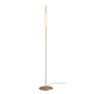 Slank gulvlampe med cylindrisk skærm, tynd stang og rund base i bleg messing.